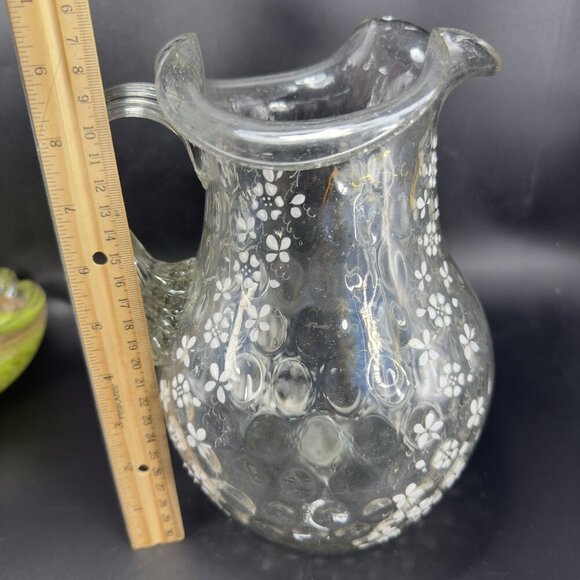 Antique Enameled Glass Pitcher Jug Hand Blown Optic Dot Manganese 365nm Green UV - Picture 7 of 16